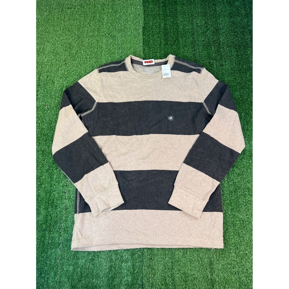 NWT Roebuck & Co Mens Striped Crew Thermal Sand Dune Heather Waffle Knit Shirt M